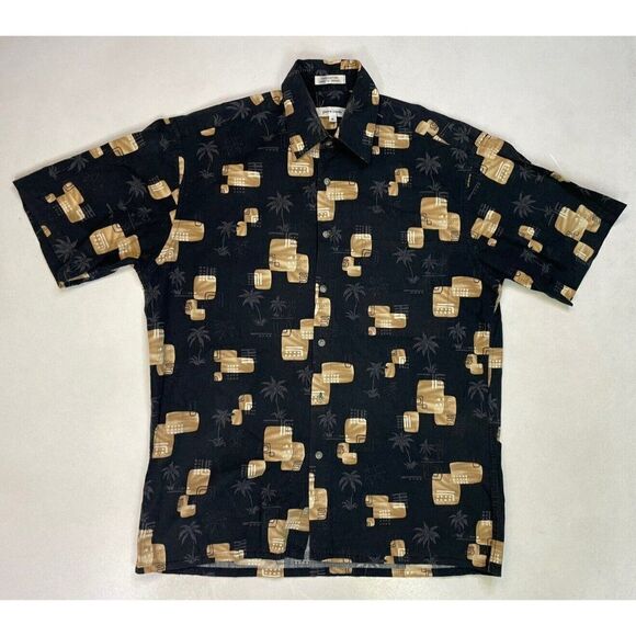 VINTAGE Pierre Cardin Hawaiian Shirt Men Medium Black Palm Trees Print - Picture 1 of 5